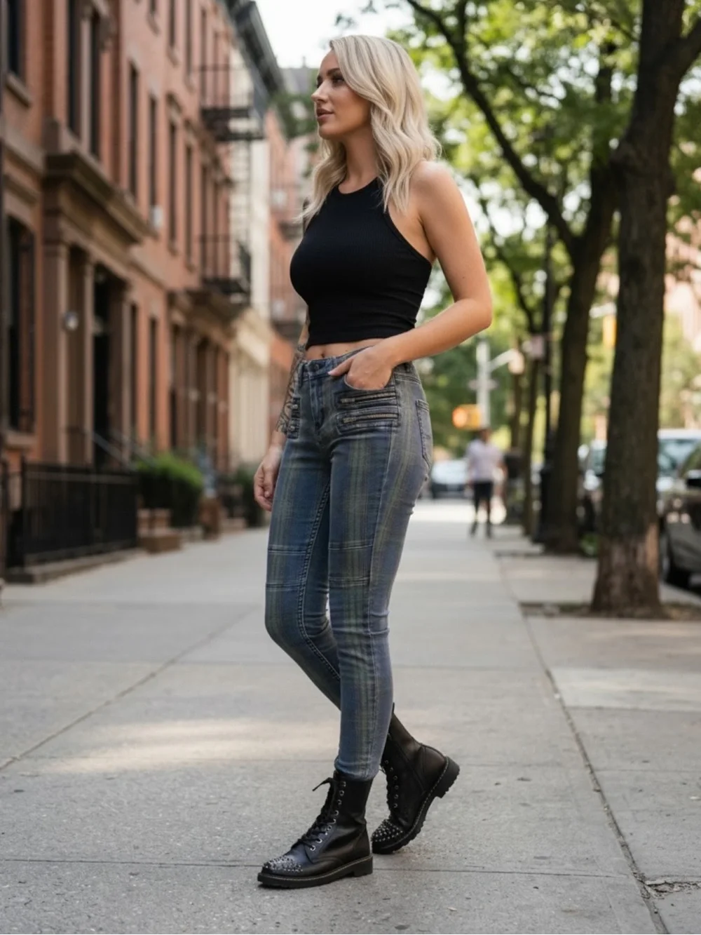 Free People Women's Lennon Tartan Plaid  Ankle  Zip Moto Jeans Size 24